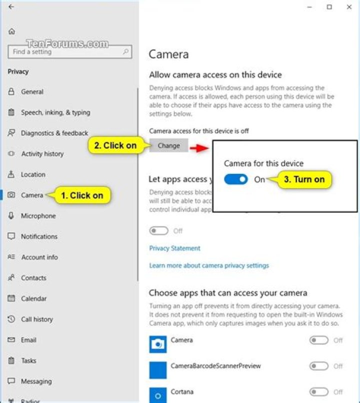 How do I allow camera access in settings?